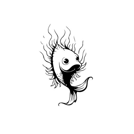 A whimsical black and white illustration of a cute cartoon fish swimming underwater. This playful drawing is perfect for adding a touch of humor to any project.のイラスト素材