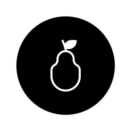 A minimalist illustration of a pear, rendered in a clean, white outline against a solid black circular background. The design emphasizes simplicity and elegance.のイラスト素材