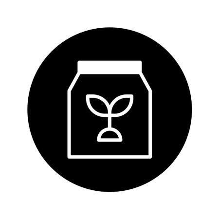 Minimalist illustration featuring a seed packet icon with a sprout symbol, set against a black circular background. Ideal for agricultural or organic themes.のイラスト素材