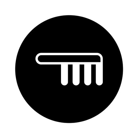 A minimalist black circle showcases a stylized white comb symbol, representing hair care and grooming. Its clean lines and simple design convey hygiene and personal care.のイラスト素材