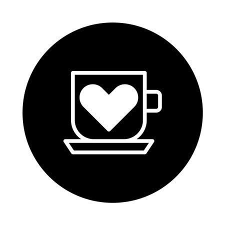 A minimalistic illustration showcases a white coffee cup with a heart symbol inside, placed on a saucer against a black circle background. Ideal for expressing love and coffee.のイラスト素材