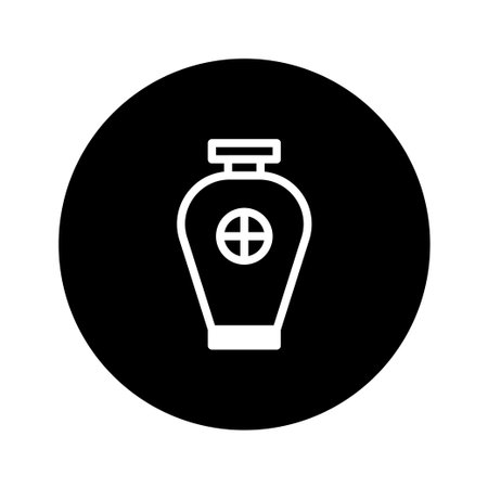 This image features a white outline of a perfume bottle icon against a solid black circular background. The design is simple, elegant, and modern. Minimalist graphic symbol for branding or artistic projects.のイラスト素材