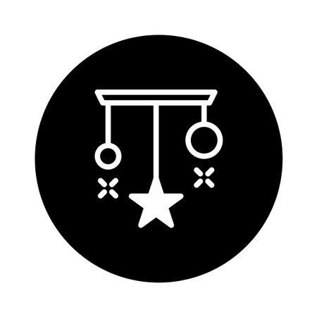 A simple black and white illustration of a baby mobile icon featuring a star and circles, evoking a sense of calm and relaxation.のイラスト素材