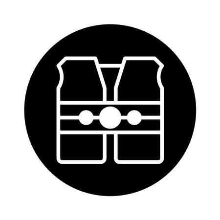 A minimalist vector illustration of a life jacket within a black circle, representing water safety and protection. Suitable for icons, logos, and informational graphics.のイラスト素材