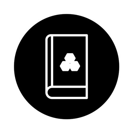 A minimalist illustration of a book with a unique symbol on the cover, set within a black circle. Ideal for designs about education and learning.のイラスト素材