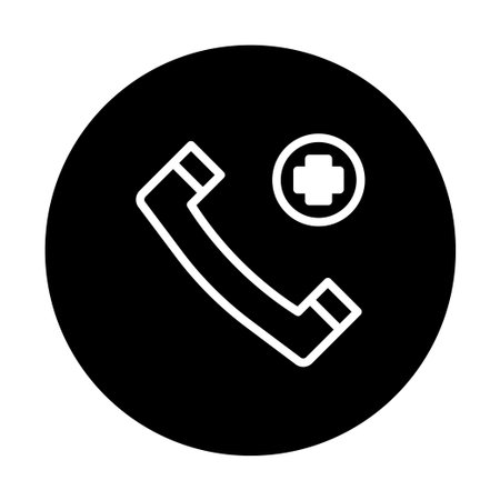 A black and white illustration featuring a phone receiver icon with a cross symbol, representing emergency medical assistance available through a phone call.のイラスト素材