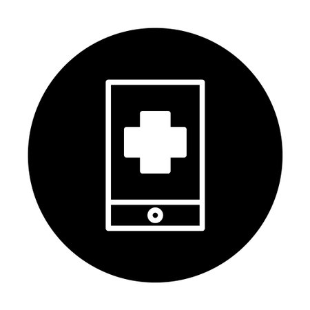 A minimalist icon showcasing a mobile device displaying a medical cross, representing telemedicine and digital healthcare solutions for convenient access to medical assistance.のイラスト素材