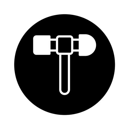 A minimalist illustration features a white rubber mallet tool centered against a solid black circular background, ideal for construction, repair or industry-related designs.のイラスト素材