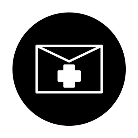 A minimalist icon depicting an envelope with a medical cross, symbolizing online healthcare communication, telemedicine, and digital health services. A modern and universal symbol for medical messaging.のイラスト素材