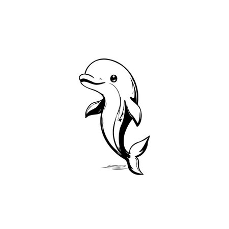 A charming black and white illustration of a cute cartoon dolphin. Perfect for children's books, marine-themed projects, or adding a touch of playful whimsy.のイラスト素材