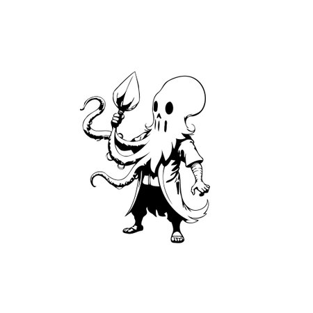 A cartoon illustration features an octopus-like creature holding a spear, set against a clean white backdrop for versatile design applications.のイラスト素材