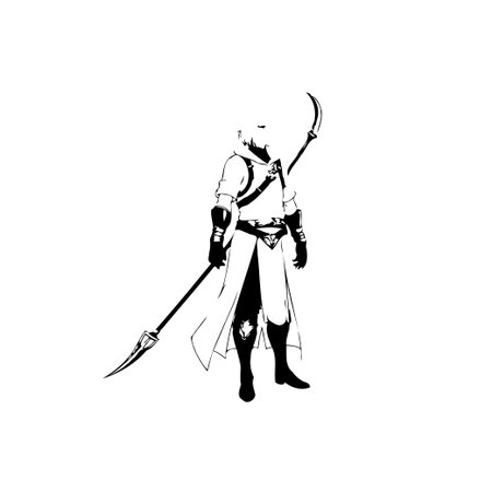 Illustration of a fantasy warrior with a spear and crescent blade. Black and white stylized artwork featuring a medieval character, ready for battle.のイラスト素材