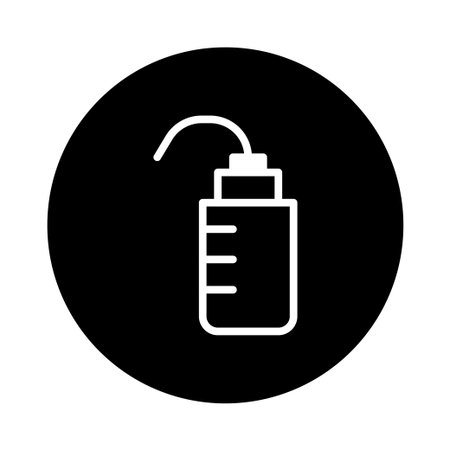 This image shows a minimalist vector illustration of a wash bottle in white outline against a black circular background. Perfect for scientific or educational purposes.のイラスト素材