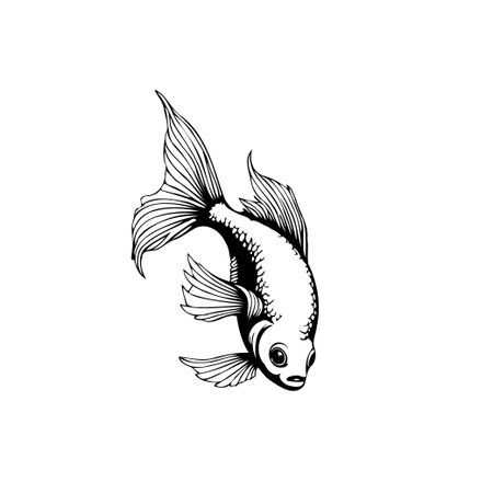 A black and white drawing of a fish. The image depicts a fish swimming with elegant and detailed fin work in a monochrome style. An artistic element for decoration and moreのイラスト素材