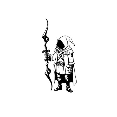 A hooded wizard figure, holding an enchanted bow, conjuring spells. Black and white illustration design, conveying a sense of mystery and magic.のイラスト素材