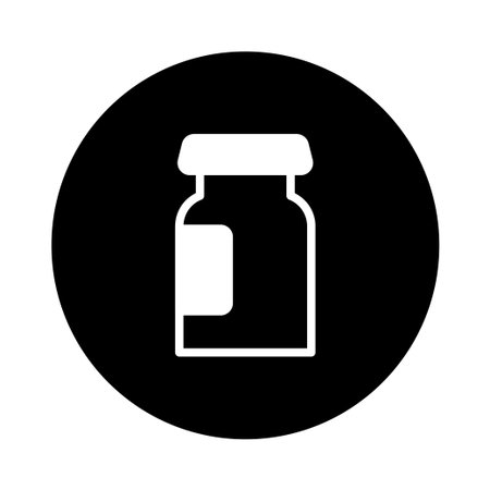 A minimalist vector illustration of a medicine vial set against a solid black circle. Ideal for healthcare and pharmaceutical design.のイラスト素材