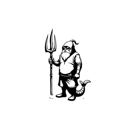 A comical black and white illustration of a fantasy dwarf-like figure with a fish tail and a trident, evoking mythology and whimsy.のイラスト素材