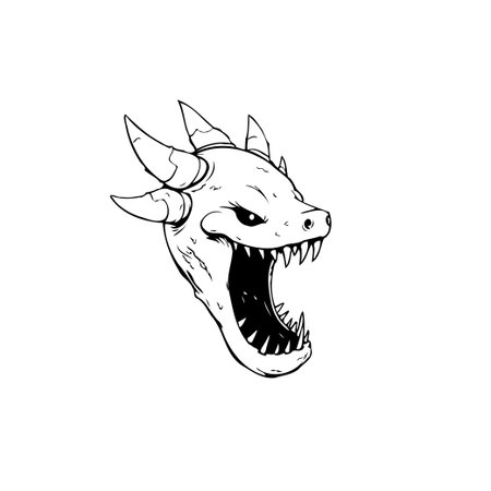 A menacing dragon head illustrated in line art. The open mouth reveals sharp teeth and the horns give the creature a fierce appearance.のイラスト素材
