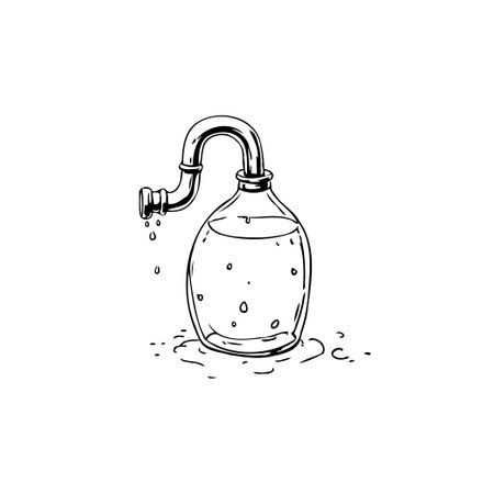 A conceptual black and white illustration featuring a glass bottle attached to a pipe, suggesting a metaphor for water systems and sustainability concerns.のイラスト素材