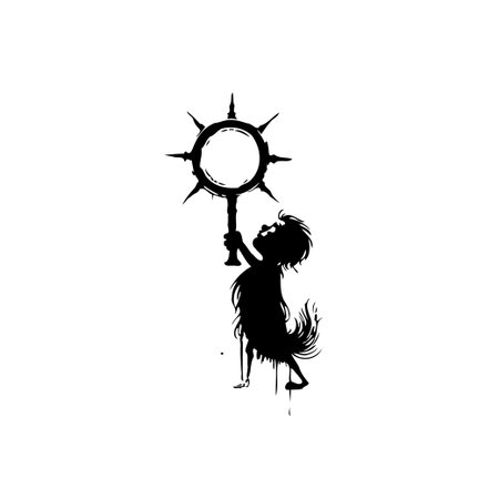 A monochrome illustration depicts a child holding a sun-like object, evoking a sense of wonder and innocence with whimsical design.のイラスト素材
