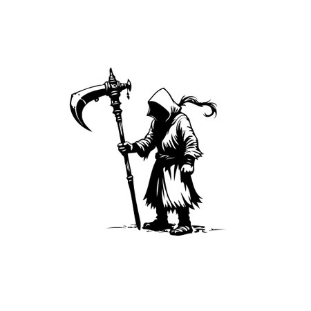 A striking monochrome illustration of the Grim Reaper, cloaked and hooded, wielding a scythe. Perfect for Halloween themes or dark fantasy designs.のイラスト素材