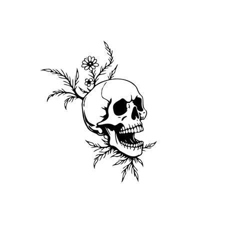 A detailed drawing of a skull intertwined with botanical elements, symbolizing the beauty of life, mortality, and the passage of time.のイラスト素材