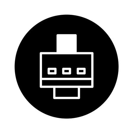 A minimalistic icon showing a printer within a black circle. Suitable for illustrating technology, office supplies, or printing services.のイラスト素材