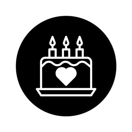 A minimalist white icon of a birthday cake with three lit candles and a heart symbol, set against a...