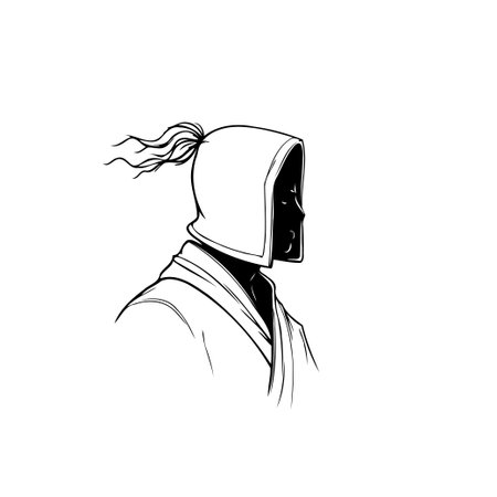 A minimalist monochrome illustration features a hooded figure in silhouette, symbolizing mystery, introspection, and contemplative mood. The artwork evokes a sense of solitude and depth.のイラスト素材
