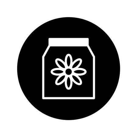 A minimalist vector icon showcasing a flower design within a square outline, set against a black circle. The design emphasizes simplicity and elegance.のイラスト素材
