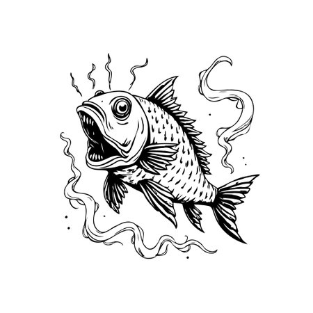 Detailed black and white line art illustration of a fish with its mouth open, surrounded by swirling smoke or water currents, showcasing artistic aquatic drawing.のイラスト素材