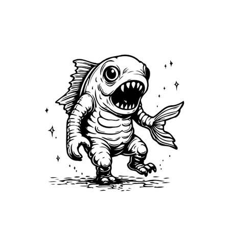 A whimsical black and white illustration features a fish-like creature standing on two legs. Its sharp teeth and expressive eyes give it a comical yet slightly spooky appearance.のイラスト素材