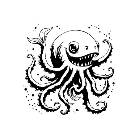 A black and white whimsical octopus illustration with intricate line work. The design evokes a sense of playfulness, suitable for children's books and various artistic projects.のイラスト素材