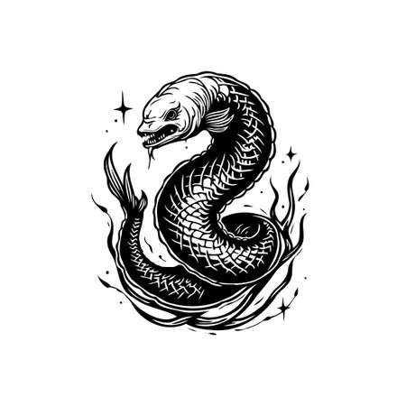 Detailed monochrome illustration showcasing a mythical sea serpent. Coiled tightly, the serpent features intricate scales and a menacing expression, evokes a sense of power and mystery.のイラスト素材