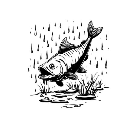 A black and white illustration shows a fish leaping from the water in the rain, creating a scene of nature and wildlife.のイラスト素材