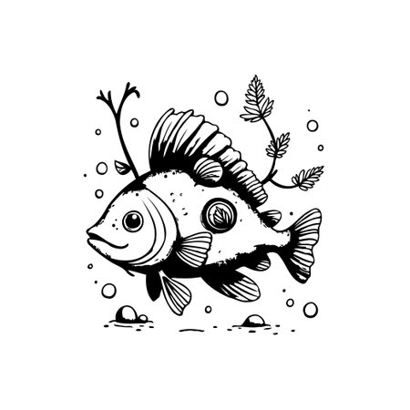 A stylized fish illustration featuring botanical elements and bubbles. The monochrome design conveys a sense of serenity and whimsy, perfect for creative projects.のイラスト素材