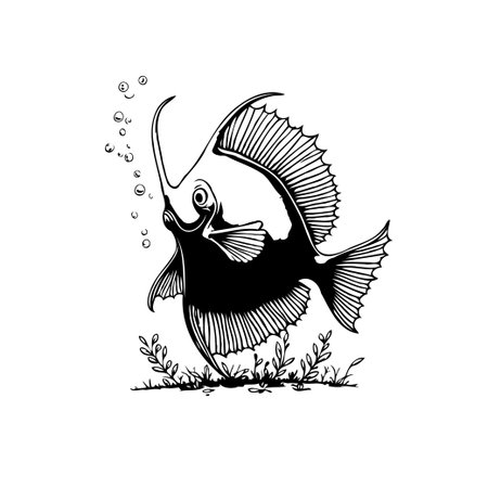 A charming cartoon fish illustration in black and white. The fish has a unique design with playful expression. Perfect for adding a touch of marine whimsy to any project.のイラスト素材
