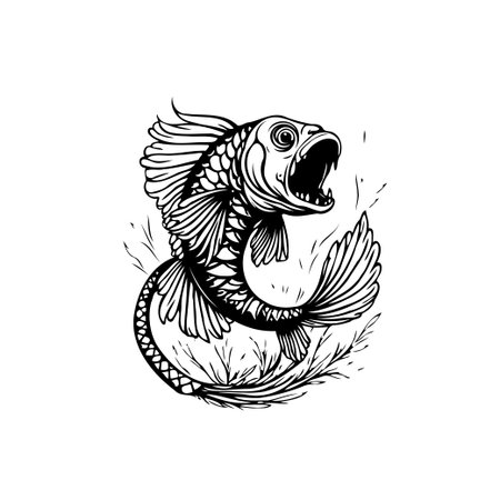 A detailed black and white illustration of a stylized fish with an open mouth, surrounded by aquatic plants. Perfect for artistic projects and designs.のイラスト素材