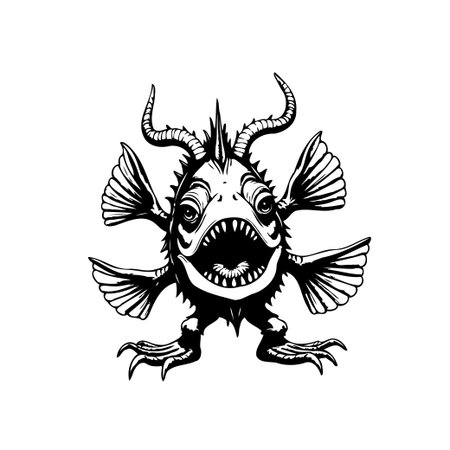 This is a fantasy sea creature illustration with horns and sharp teeth. Black and white drawing style art, perfect for fantasy or halloween design.のイラスト素材
