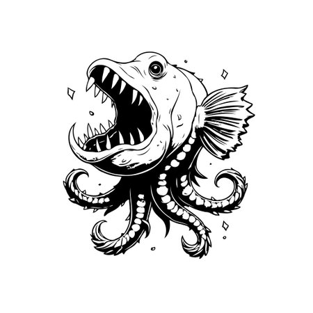 An illustration of an anglerfish combined with octopus tentacles, creating a spooky and unique creature. The detailed design in black and white showcases sharp teeth and a menacing expression, evoking a deep sea predator.のイラスト素材