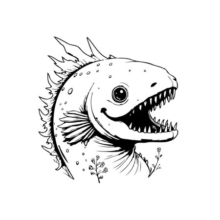 Detailed black and white illustration of a monster fish with sharp teeth, spiky fins, and a fierce expression. Ideal for graphic design projects.のイラスト素材