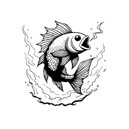 A black and white vector illustration depicting a fish jumping out of the water, with a simple, clean and modern design.のイラスト素材