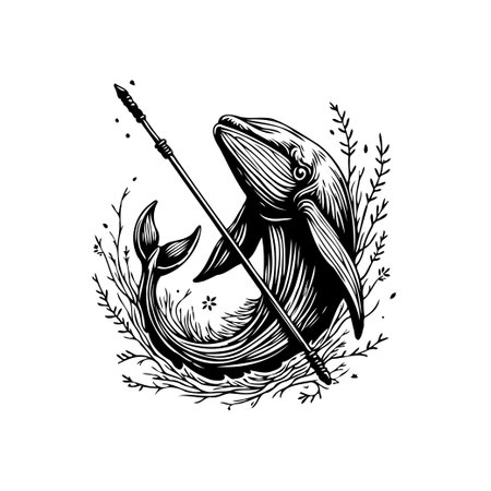 A striking black and white illustration features a detailed whale with a spear, surrounded by organic flourishes. This piece evokes a sense of marine drama and highlights the beauty and vulnerability of ocean wildlife.のイラスト素材