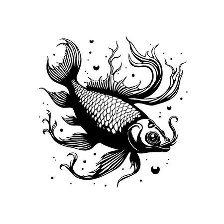 This monochrome illustration features a beautifully detailed koi fish swimming with decorative seaweed and bubbles. The design exudes elegance and oriental charm.のイラスト素材