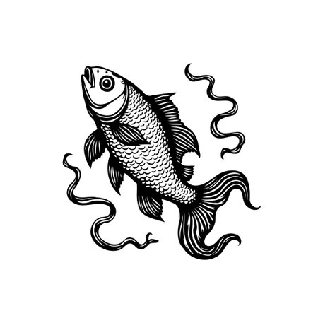 This monochrome vector illustration features a carp fish swimming among flowing seaweed. The design evokes a nautical and artistic feel, perfect for various creative projects.のイラスト素材