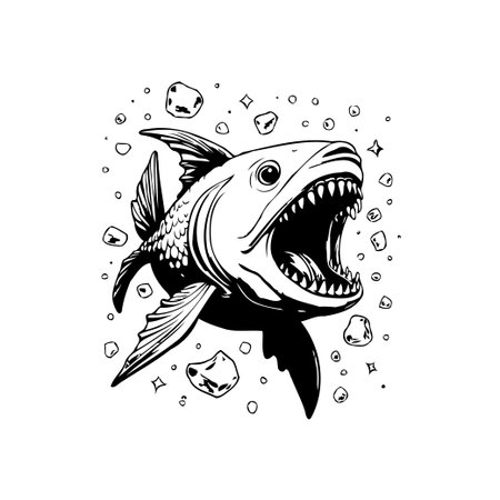 A menacing monochrome illustration of a fish with sharp teeth and an open mouth, surrounded by floating rocks. The detailed design captures a scary sea creature in a unique and artistic style.のイラスト素材