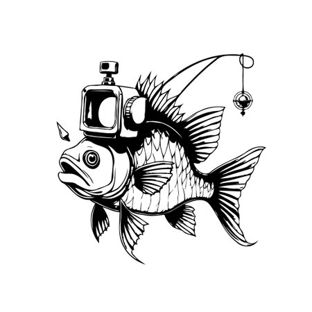 An artistic monochrome illustration depicts a fish humorously carrying a vintage television on its head, symbolizing modern technology and consumerism with a touch of retro fantasy.のイラスト素材