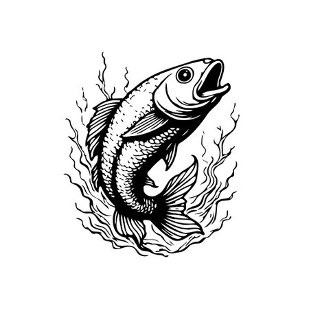 This monochrome drawing features a dynamic fish, conveying the essence of marine life and fishing. The vintage art is both decorative and artistic.のイラスト素材