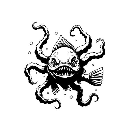 A unique illustration features a bizarre and comical creature, a hybrid of a fish and an octopus with tentacles. It is perfect for a design or print.のイラスト素材