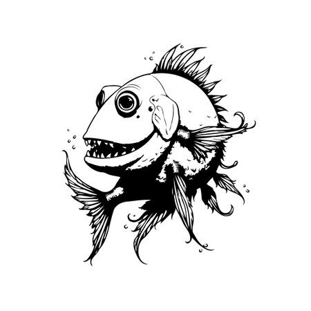 A quirky monochrome illustration showcases a whimsical fish with sharp teeth and detailed fins. This comical creature is perfect for a unique design.のイラスト素材